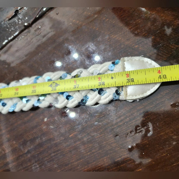 👸👖🩳  White Braided D-ring Belt with blue & silver sequins - Picture 10 of 13